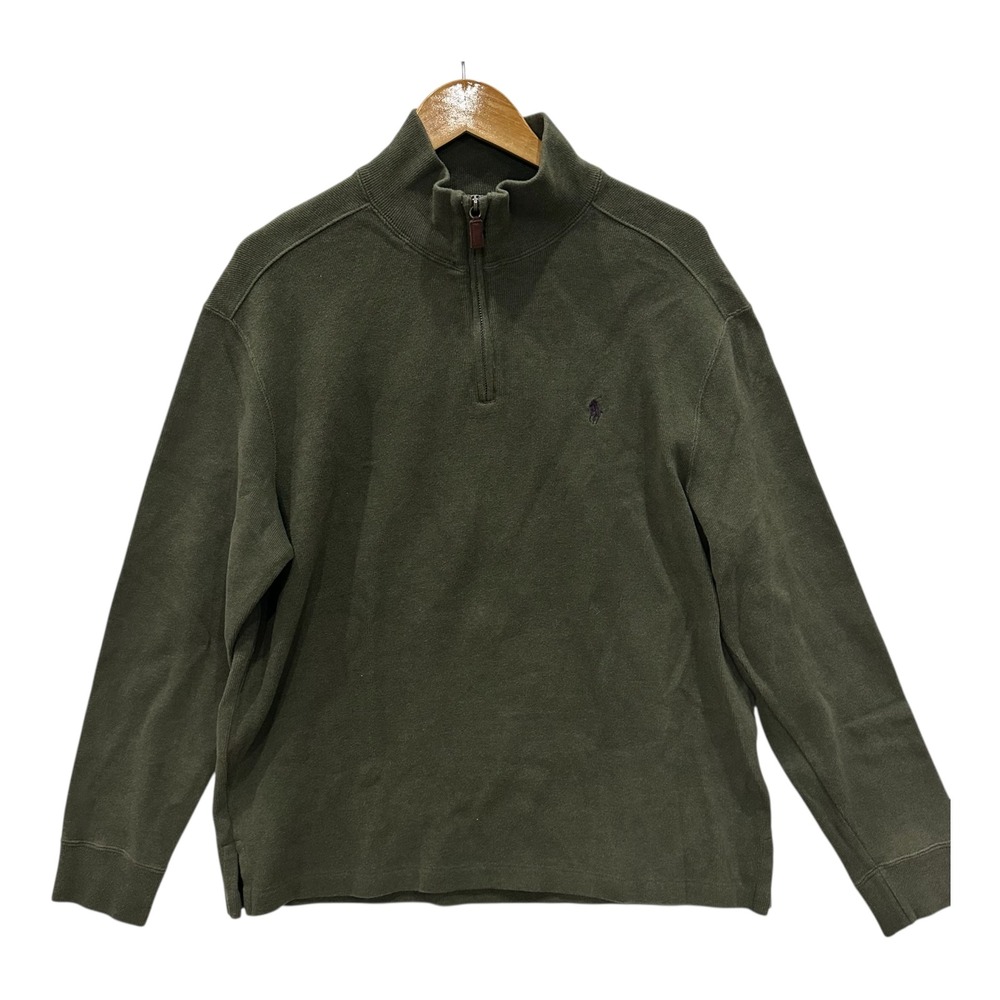 Polo Ralph Lauren Mens Large Olive Green 1/4 Zip Cotton Pullover Sweater Pony